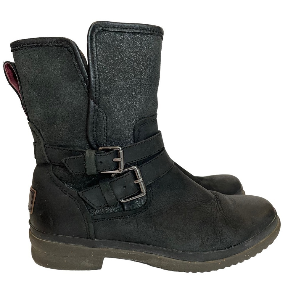UGG Simmens Waterproof Leather Boots Women’s 6 Black Buckle Belted Biker Moto